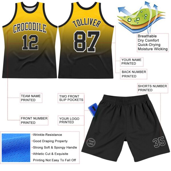 Custom Yellow Black-White Fade Fashion Round Neck Sublimation Basketball Suit Jersey