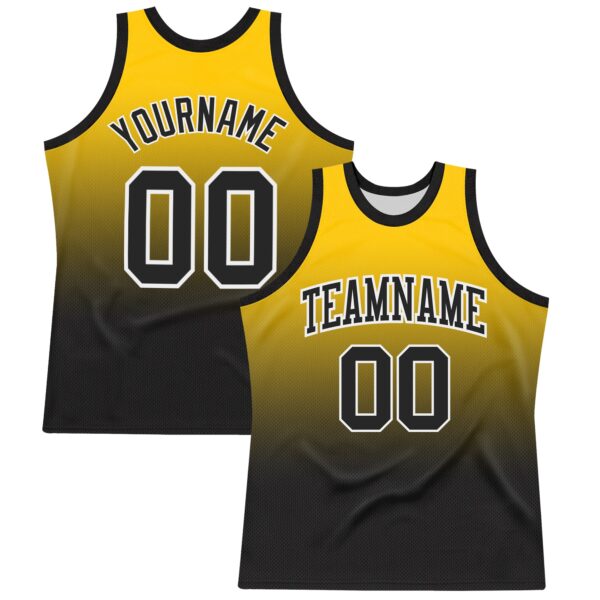 Custom Yellow Black-White Fade Fashion Round Neck Sublimation Basketball Suit Jersey