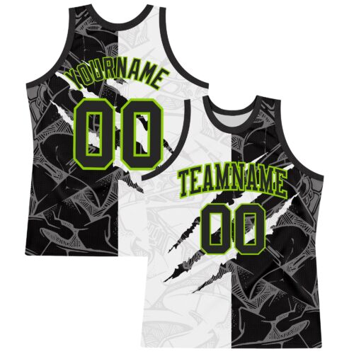 Custom Graffiti Pattern Black White-Neon Green Scratch Round Neck Sublimation Basketball Suit Jersey