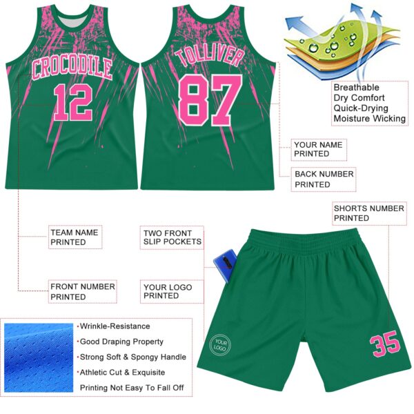 Custom Kelly Green Pink-White Splash Round Neck Sublimation Basketball Suit Jersey