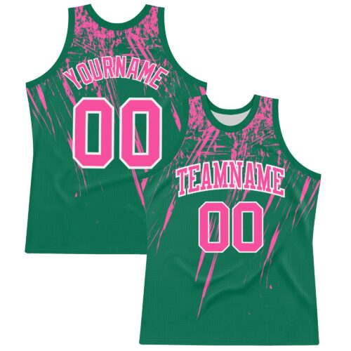 Custom Kelly Green Pink-White Splash Round Neck Sublimation Basketball Suit Jersey