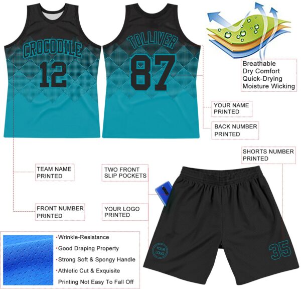 Custom Black Teal Gradient Square Shapes Round Neck Sublimation Basketball Suit Jersey