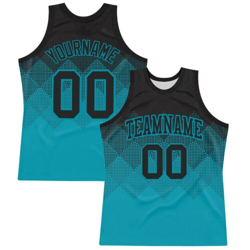 Custom Black Teal Gradient Square Shapes Round Neck Sublimation Basketball Suit Jersey