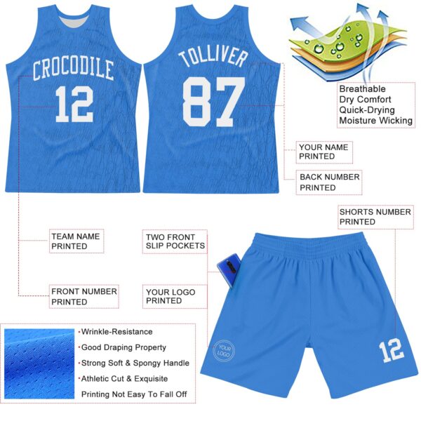 Custom Light Blue White Line Round Neck Sublimation Basketball Suit Jersey