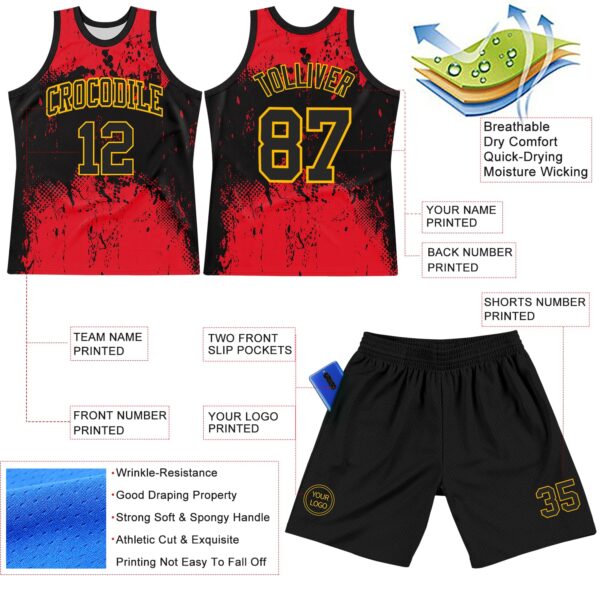 Custom Black Red-Gold Abstract Splatter Grunge Art Round Neck Sublimation Basketball Suit Jersey