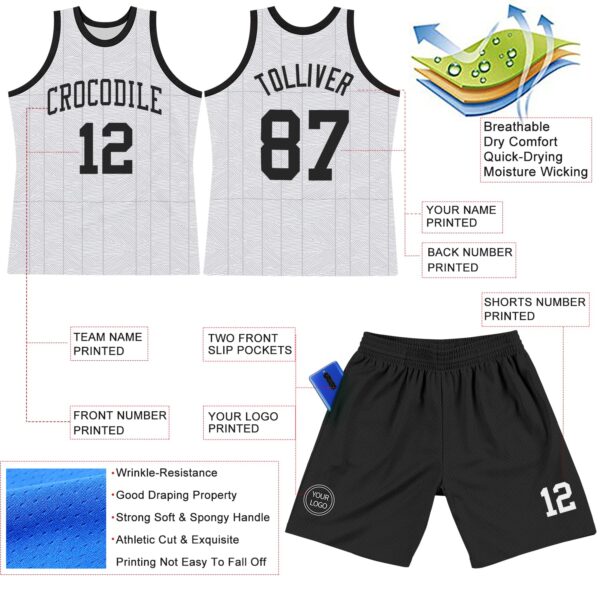 Custom Gray Black-White Line Round Neck Sublimation Basketball Suit Jersey