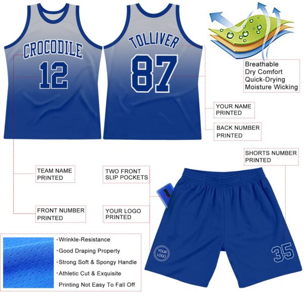 Custom Gray Royal-White Fade Fashion Round Neck Sublimation Basketball Suit Jersey