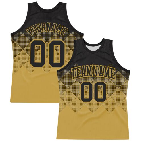 Custom Black Old Gold Gradient Square Shapes Round Neck Sublimation Basketball Suit Jersey