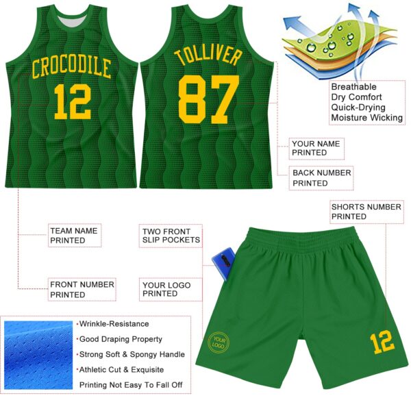 Custom Kelly Green Yellow Geometric Shape Round Neck Sublimation Basketball Suit Jersey