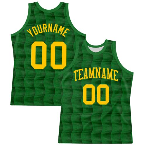 Custom Kelly Green Yellow Geometric Shape Round Neck Sublimation Basketball Suit Jersey