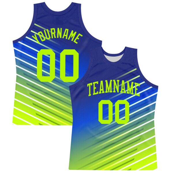 Custom Royal Neon Green-White Line Round Neck Sublimation Basketball Suit Jersey