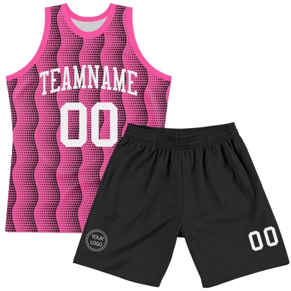 Custom Pink White-Black Geometric Shape Round Neck Sublimation Basketball Suit Jersey
