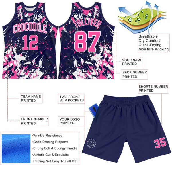 Custom Navy Pink-White Fluid Art Round Neck Sublimation Basketball Suit Jersey