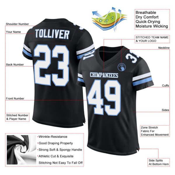Custom Black White-Light Blue Mesh Authentic Football Jersey
