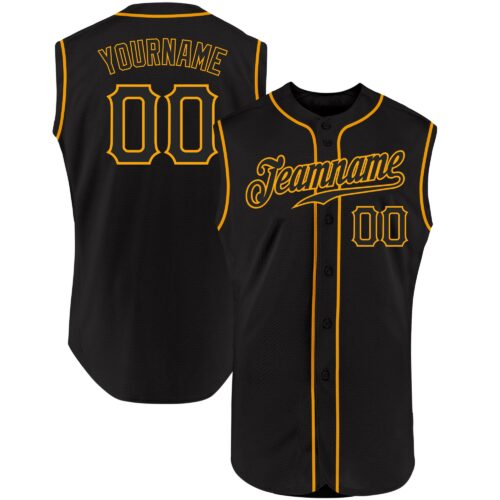 Black0878 Custom Black Black-Gold Authentic Sleeveless Baseball Jersey