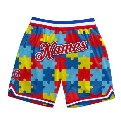 Black0920 Custom Black Red-Royal 3D Pattern Design Autism Supporter Awareness Puzzle Pieces Authentic Basketball Shorts