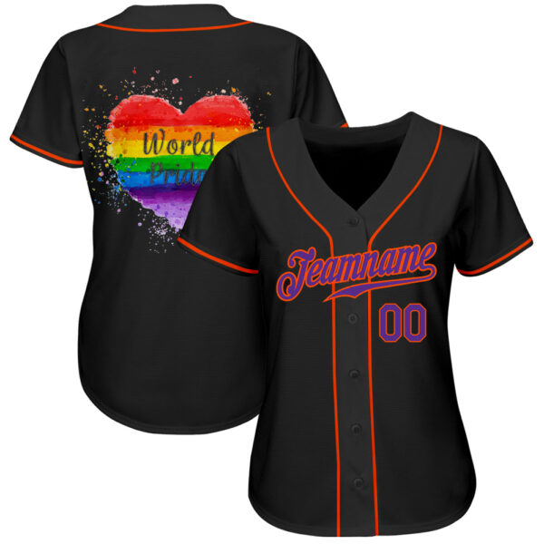 Custom Black Purple-Orange Rainbow Colored Heart For World Pride LGBT Authentic Baseball Jersey