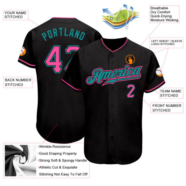 Custom Black Pink-Teal Authentic Baseball Jersey