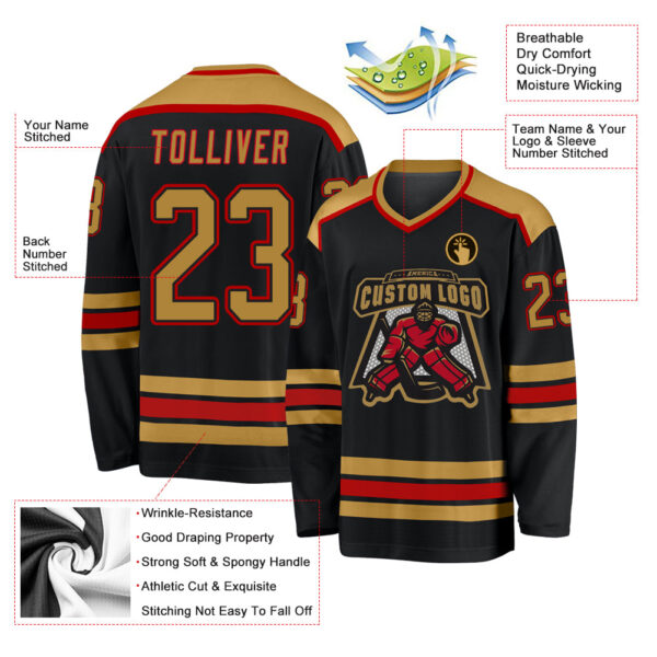 Custom Black Old Gold-Red Hockey Jersey