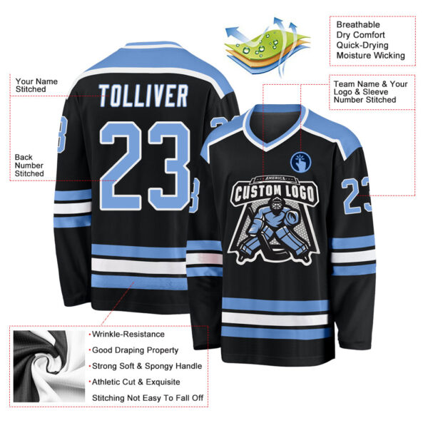 Custom Black Light Blue-White Hockey Jersey