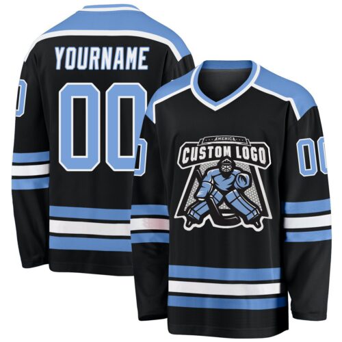 Black1032 Custom Black Light Blue-White Hockey Jersey