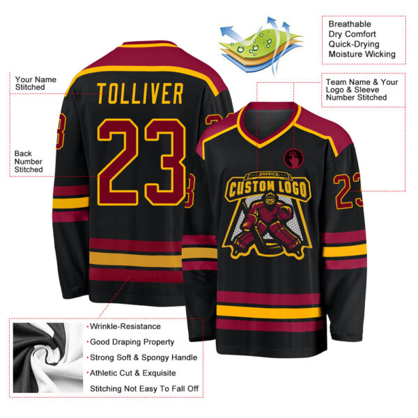 Custom Black Maroon-Gold Hockey Jersey