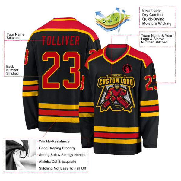 Custom Black Red-Gold Hockey Jersey