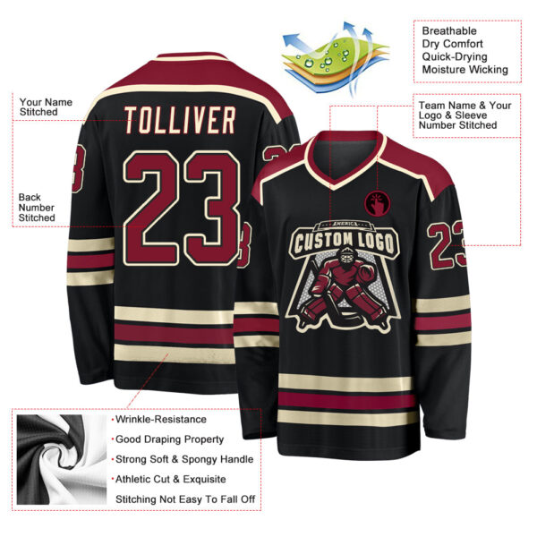 Custom Black Crimson-Cream Hockey Jersey