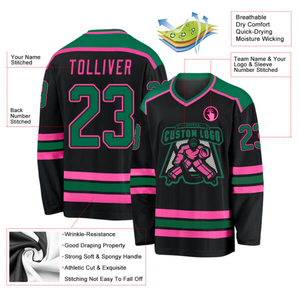 Custom Black Kelly Green-Pink Hockey Jersey