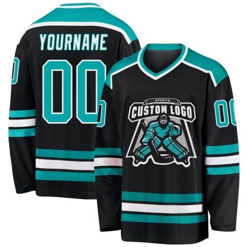 Black1052 Custom Black Aqua-White Hockey Jersey