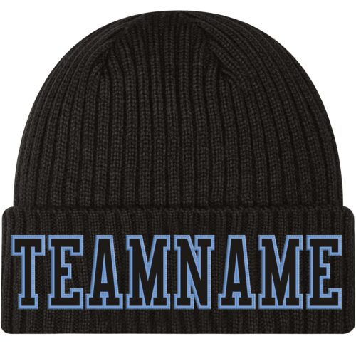 Custom Black Black-Light Blue Stitched Cuffed Knit Hat
