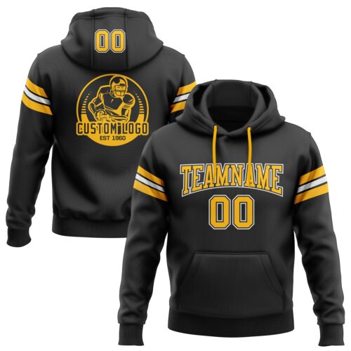 Black1097 Custom Stitched Black Gold-White Football Pullover Sweatshirt Hoodie