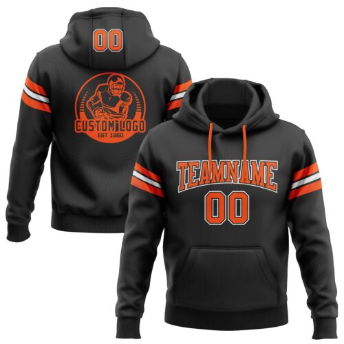Black1100 Custom Stitched Black Orange-White Football Pullover Sweatshirt Hoodie
