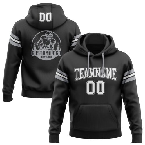 Black1103 Custom Stitched Black White-Gray Football Pullover Sweatshirt Hoodie