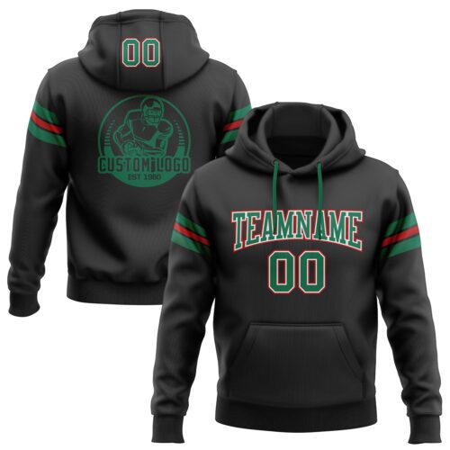 Black1106 Custom Stitched Black Kelly Green-Red Football Pullover Sweatshirt Hoodie