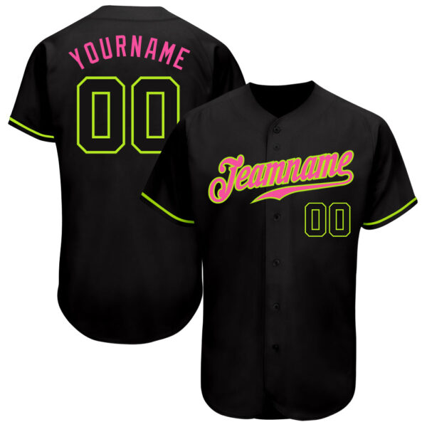 Custom Black Black Neon Green-Pink Authentic Baseball Jersey
