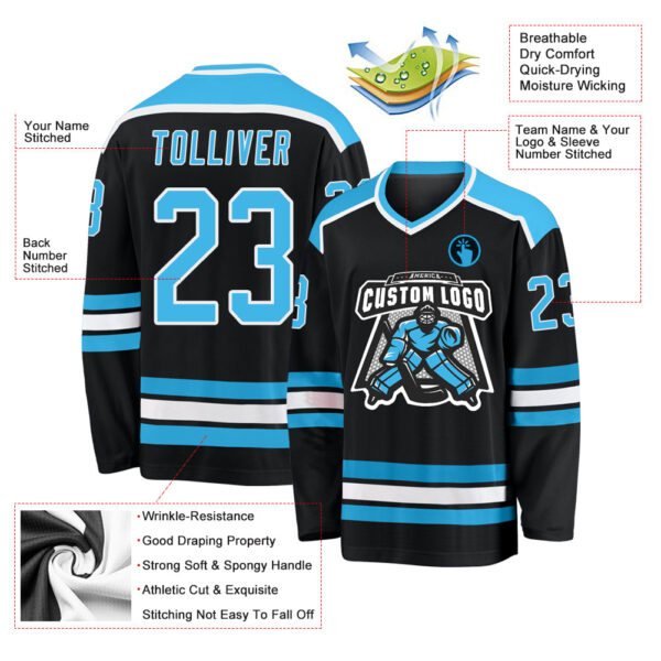 Custom Black Sky Blue-White Hockey Jersey