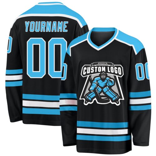 Black1156 Custom Black Sky Blue-White Hockey Jersey