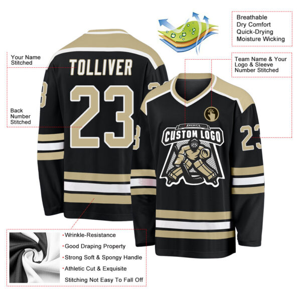 Custom Black Vegas Gold-White Hockey Jersey