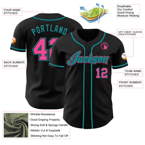 Custom Black Pink-Teal Authentic Baseball Jersey