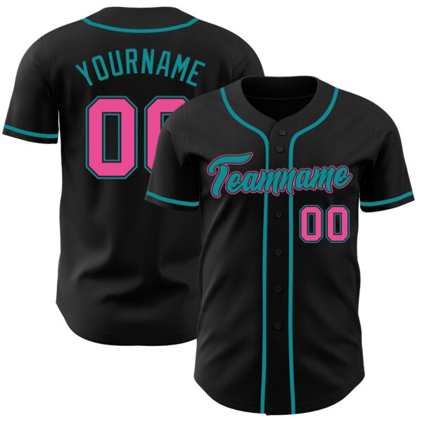 Custom Black Pink-Teal Authentic Baseball Jersey