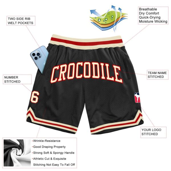 Custom Black Cream-Red Authentic Throwback Basketball Shorts