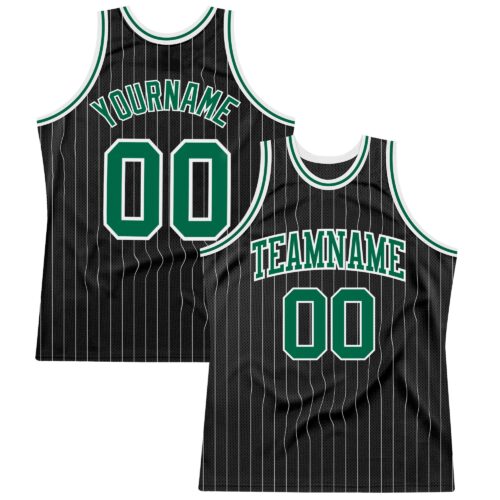 Black1340 Custom Black White Pinstripe Kelly Green-White Authentic Basketball Jersey