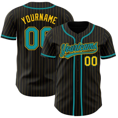 Black1421 Custom Black Yellow Pinstripe Teal Authentic Baseball Jersey