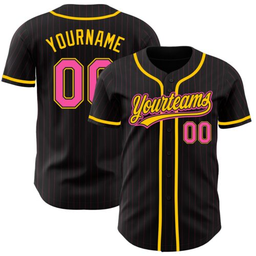 Black1428 Custom Black Pink Pinstripe Pink-Yellow Authentic Baseball Jersey
