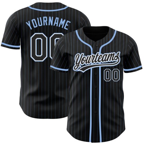 Black1444 Custom Black Light Blue Pinstripe Black-White Authentic Baseball Jersey
