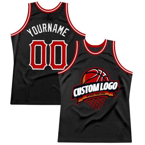 Black1556 Custom Black Red-White Authentic Throwback Basketball Jersey