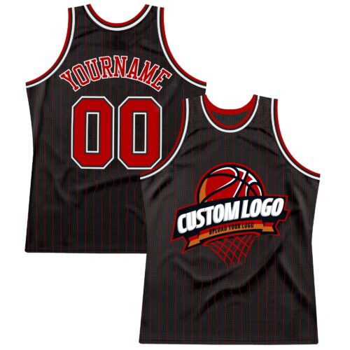 Black1561 Custom Black Red Pinstripe White Authentic Basketball Jersey