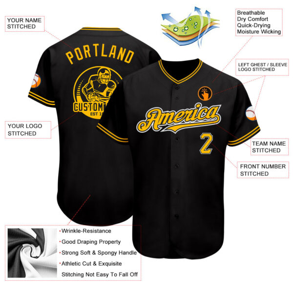 Custom Black Gold-Yellow Authentic Baseball Jersey