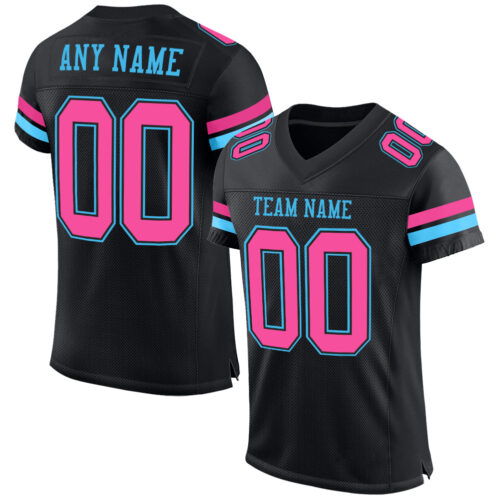 Black1604 Custom Black Pink-Sky Blue Mesh Authentic Football Jersey
